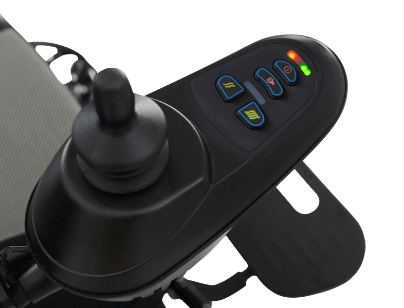 Close-up of a black joystick control panel with buttons and indicator lights, mounted on the armrest of a Stride - Power Wheelchair by Golden, set against a plain white background.