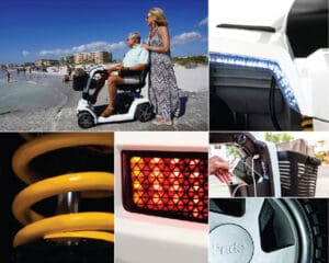 A collage shows a man on the Zero Turn 10 -Wheel Scooter by Pride Mobility at the beach, with close-ups of its LED light, coiled suspension, taillight, basket, wheel, and a woman standing beside him.