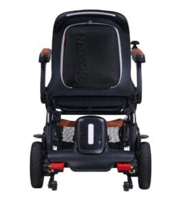 The Ally Pro - Power Wheelchair by Golden, shown in black with a padded seat, armrests, and large front wheels, is pictured from the front against a white background.