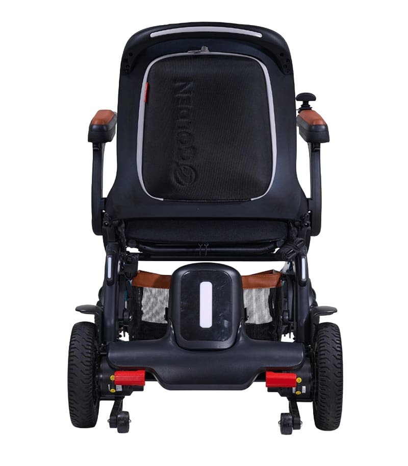 The Ally Pro - Power Wheelchair by Golden, shown in black with a padded seat, armrests, and large front wheels, is pictured from the front against a white background. The Ally Pro - Power Wheelchair by Golden, shown in black with a padded seat, armrests, and large front wheels, is pictured from the front against a white background.