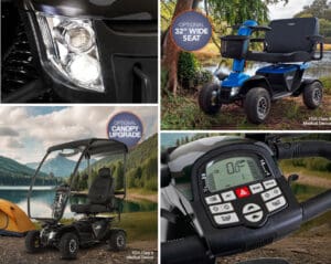 Collage of four images showcasing the Baja Wrangler 2 4-Wheel Mobility Scooter by Pride Mobility: a close-up headlight, a blue scooter by a lake, the heavy-duty scooter with canopy near a tent, and its dashboard with control buttons and digital display.