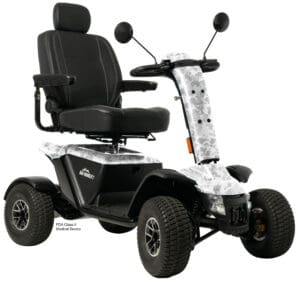 The Baja Wrangler 2 4-Wheel Mobility Scooter by Pride Mobility is a rugged outdoor scooter with large tires, side mirrors, padded seat with armrests, camouflage frame, and is an FDA Class II medical device.