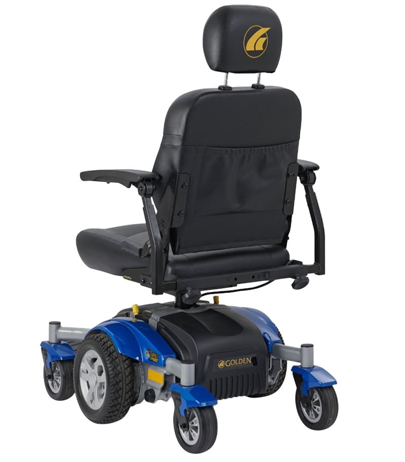 A blue and black Compass Sport Power Wheelchair by Golden, featuring a padded seat, adjustable armrests and headrest, and four wheels, is viewed from the back. The "Golden" brand name appears on both the chair and headrest.