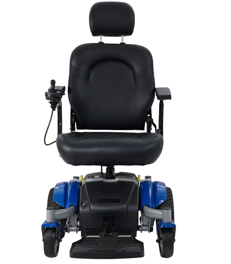 A front view of the Compass Sport - Power Wheelchair by Golden in blue, featuring a black cushioned seat with headrest and armrests, right-arm joystick control, and visible footrest and wheels at the bottom.