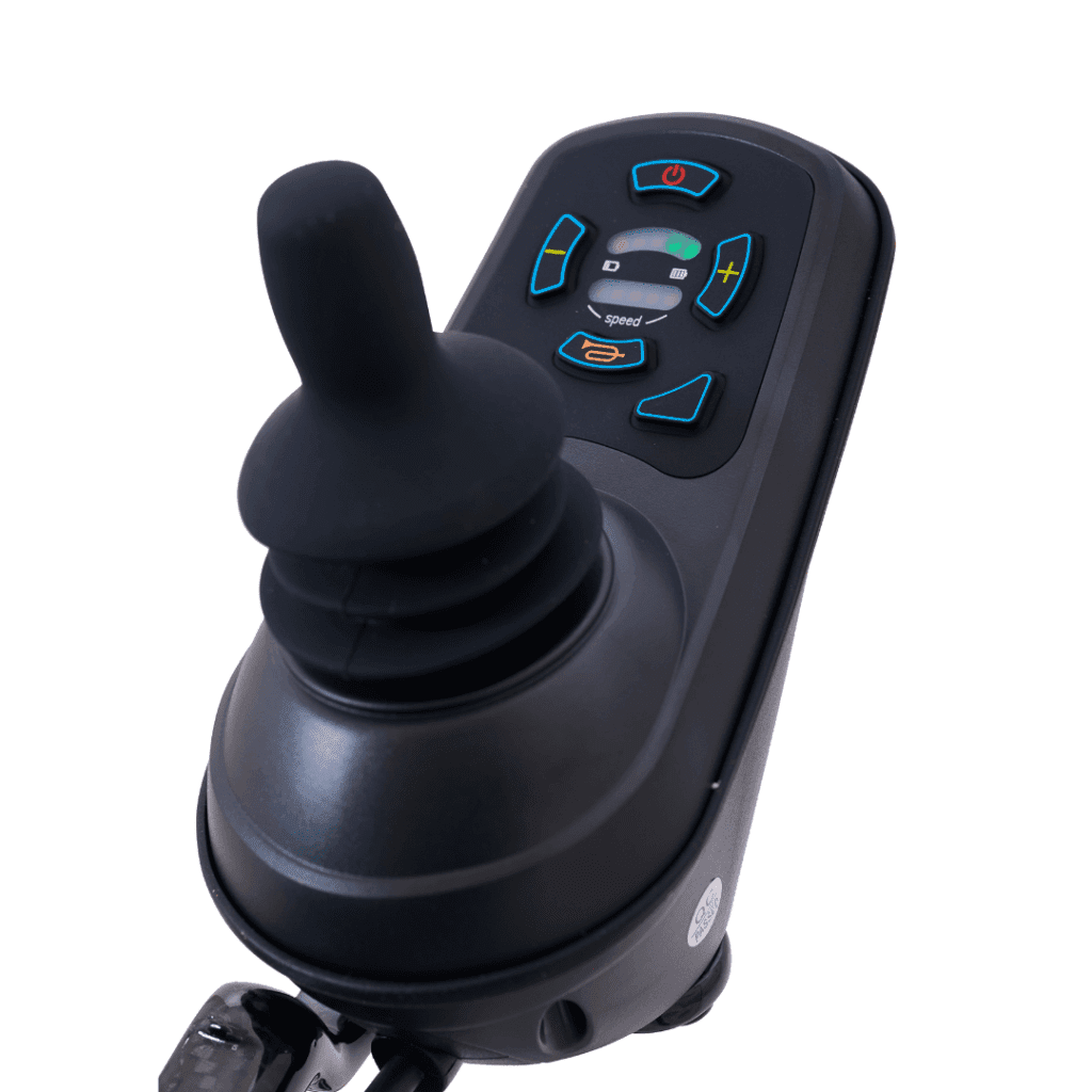 Close-up of the Cricket - Power Wheelchair by Golden’s black joystick controller, featuring multiple buttons, a speed indicator, and power button with blue accents. Perfect for anyone seeking a portable power wheelchair solution.