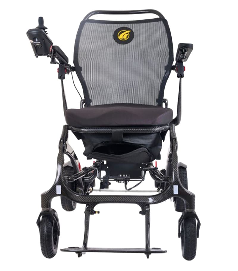 Front view of the Cricket - Power Wheelchair by Golden, featuring a black frame, mesh backrest, padded seat, left-arm joystick control, small front wheels, and a lightweight, compact design.