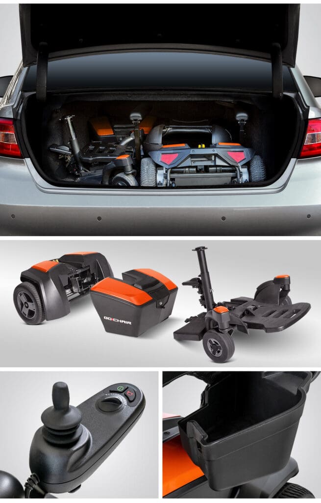 The Go Chair- Power Wheelchair by Pride Mobility is shown disassembled and stored in a car trunk, with close-ups highlighting the joystick control and storage compartment for convenient travel.