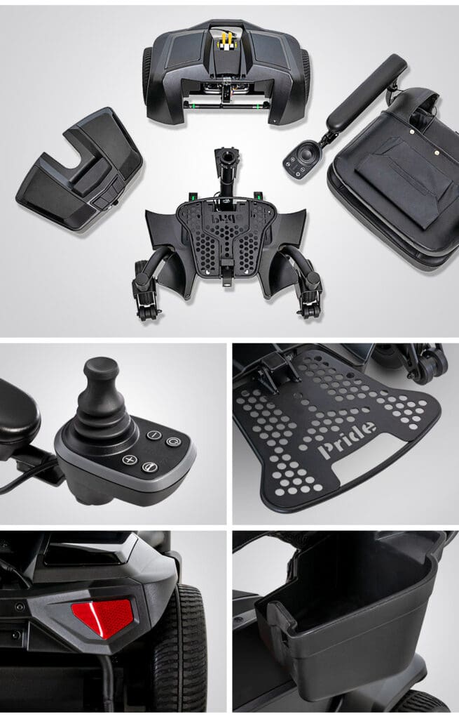 Top: Disassembled Go Chair MED- Power Wheelchair parts by Pride Mobility are arranged neatly. Bottom: Close-ups show the joystick, textured footrest with Pride logo, red reflector, and storage—ideal for portable mobility.