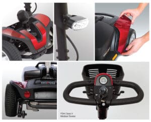 A collage features close-up views of the Go Go Sport 4-Wheel Scooter by Pride Mobility—including its handlebars with controls, front wheel, headlight, rear wheels, and a hand adjusting the side panel—with FDA Class II Medical Device text shown.