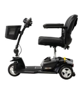 A black Go Go Ultra X 3-Wheel Scooter by Pride Mobility with a padded seat, backrest, armrests, and front basket is shown from the side on a white background.