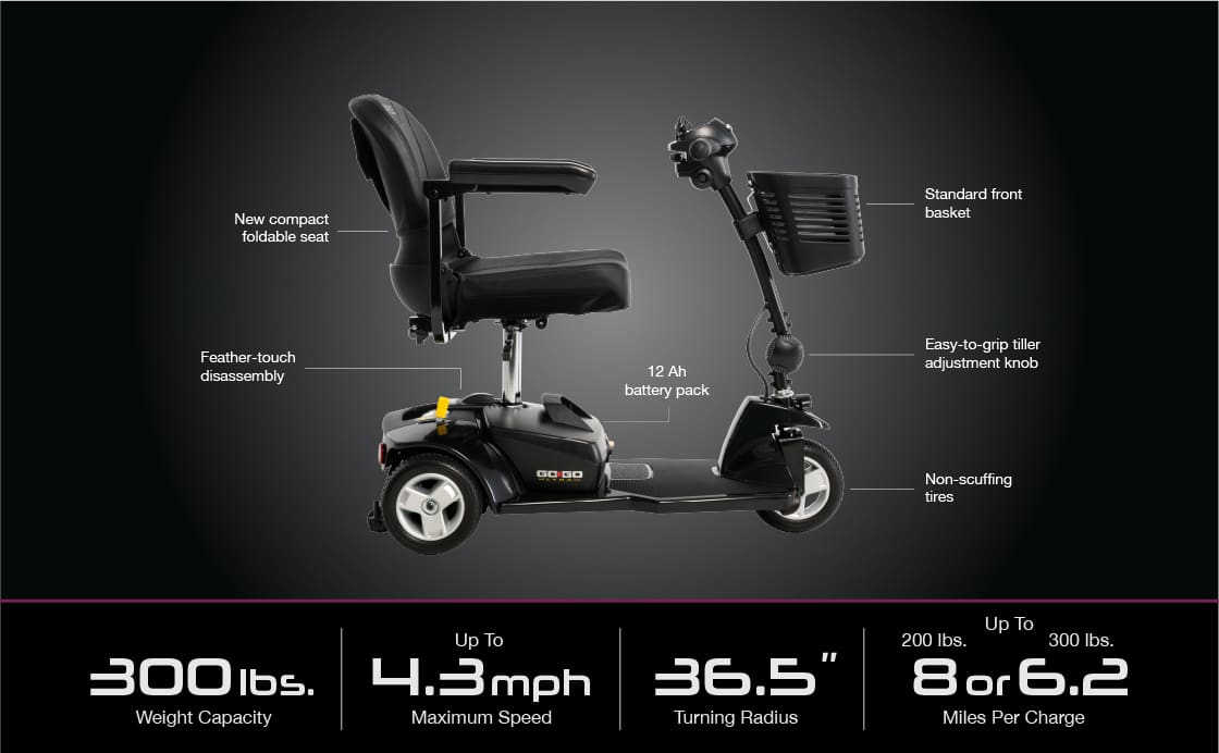 Side view of the Go Go Ultra X 3-Wheel Scooter by Pride Mobility, highlighting a foldable seat, basket, feather-touch disassembly, battery pack, easy-grip tiller, and non-scuffing tires; key specs displayed below.