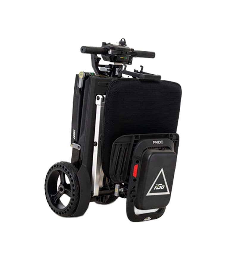 The i Go-Wheel Scooter by Pride Mobility is a compact, foldable black electric wheelchair with large rear wheels, padded seat, and control joystick—perfect for portability and easy transport as an indoor mobility scooter alternative. The i Go-Wheel Scooter by Pride Mobility is a compact, foldable black electric wheelchair with large rear wheels, padded seat, and control joystick—perfect for portability and easy transport as an indoor mobility scooter alternative.