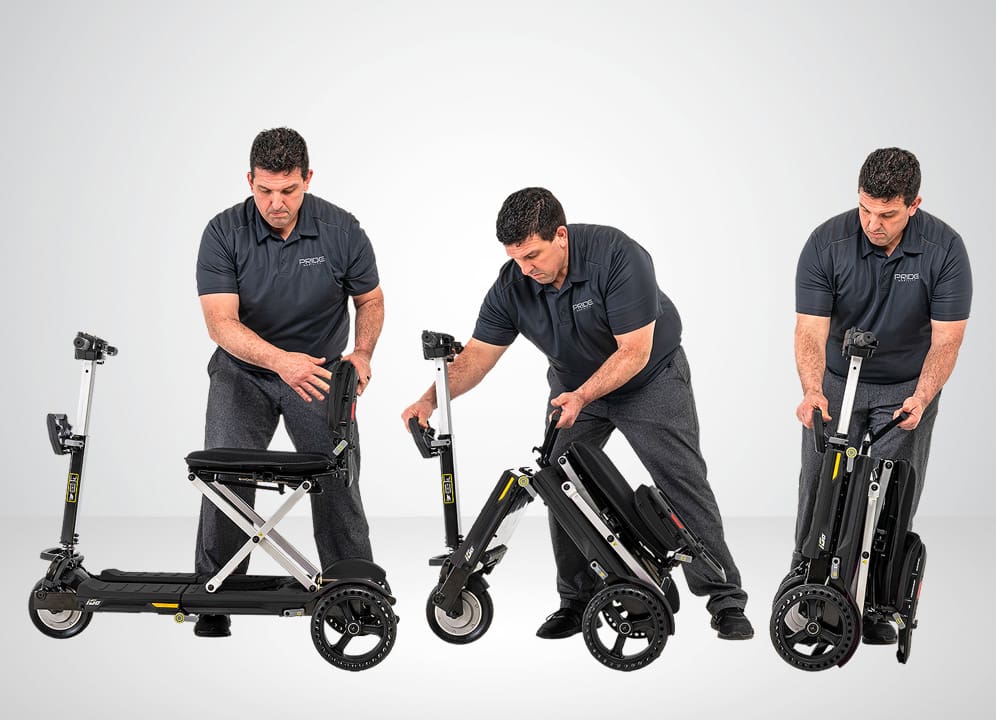 A man in a gray shirt and pants demonstrates folding the i Go-Wheel Scooter by Pride Mobility from fully open to fully folded in three easy steps against a plain white background.
