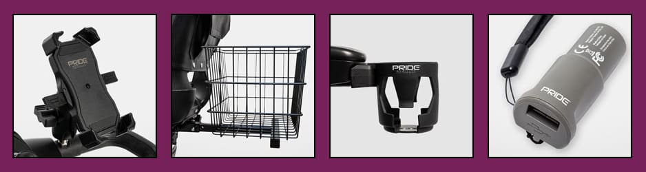 Four images show i Go -Wheel Scooter by Pride Mobility accessories—a phone holder, wire basket, cup holder, and USB charging port—displayed on a white background with a purple border.