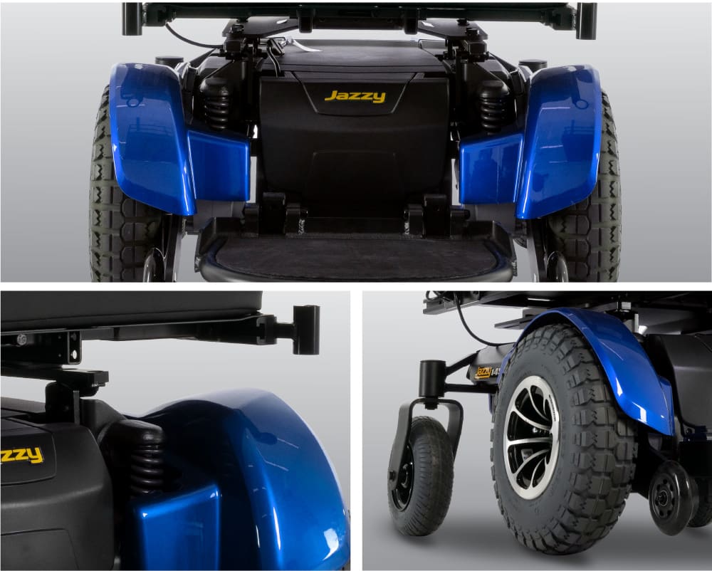Close-up images of the Jazzy 1450 - Power Wheelchair by Pride Mobility in blue, focusing on rear wheels, suspension, and fender details from various angles to showcase its build quality and design.