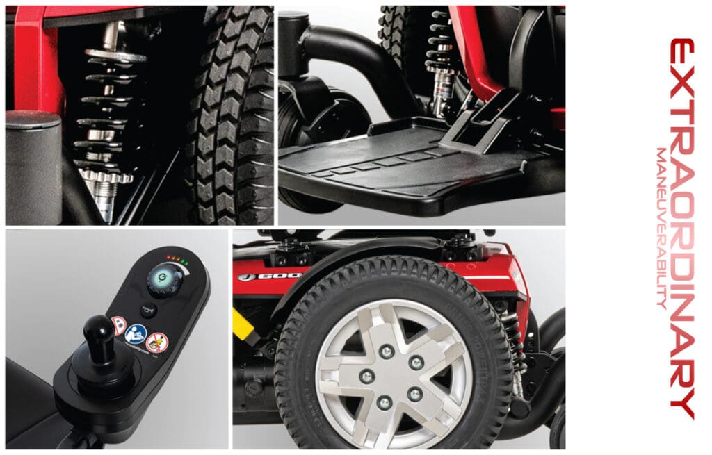 Collage of the Jazzy 600 ES - Power Wheelchair by Pride Mobility highlights its suspension, footrest, control joystick, and wheel. “EXTRAORDINARY MANEUVERABILITY” appears vertically in red and gray on the right side.