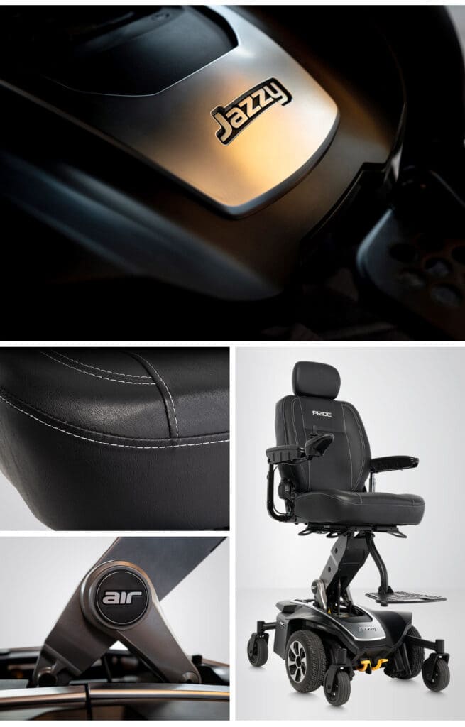 Collage of close-ups featuring the Jazzy Air MED - Power Wheelchair by Pride Mobility: Jazzy logo, leather seat stitching, air button, and a full view showing armrests and footrests.