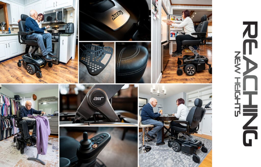 A collage shows an older man using the Jazzy Air MED - Power Wheelchair by Pride Mobility—doing laundry, dining, working at a desk, plus close-ups of chair features. “REACHING NEW HEIGHTS” appears vertically on the right side.