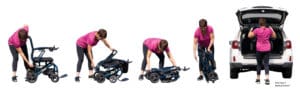 A woman in a pink shirt demonstrates folding the Jazzy Carbon 27 Power Wheelchair by Pride Mobility in four steps, from upright to compact, and placing it into the trunk of a white SUV.