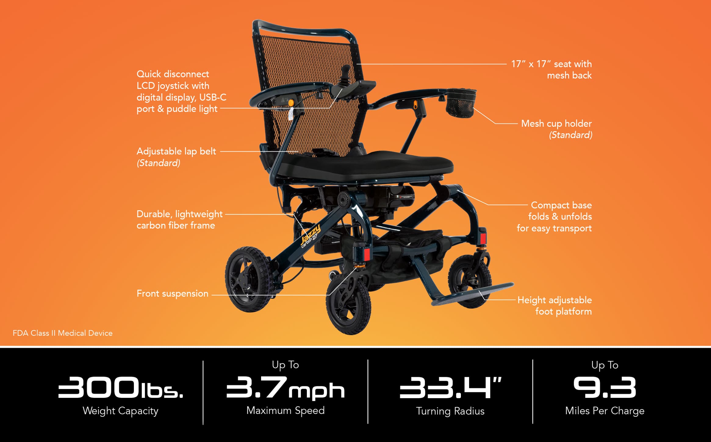 A black and orange Jazzy Carbon 27- Power Wheelchair by Pride Mobility features a quick disconnect joystick, mesh cup holder, adjustable seatbelt, foldable frame, front suspension, foot platform; 300 lbs capacity, 3.7 mph max speed, 9.3 mile range.