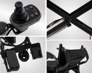 A collage of four close-ups highlights features of the Jazzy Carbon 27X Power Wheelchair by Pride Mobility: joystick control panel, carbon fiber X-frame, adjustable footrests, and a backrest with padded handles and armrests.