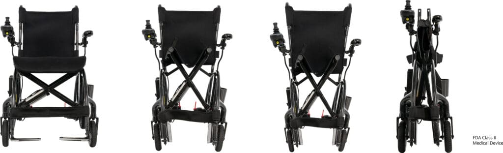 Four views of the Jazzy Carbon 27X Power Wheelchair by Pride Mobility in black are shown: front, angled, rear, and fully folded side views. This lightweight power wheelchair features armrests, footrests, and a joystick controller.