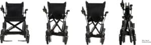 Four views of the Jazzy Carbon 27X Power Wheelchair by Pride Mobility in black are shown: front, angled, rear, and fully folded side views. This lightweight power wheelchair features armrests, footrests, and a joystick controller.