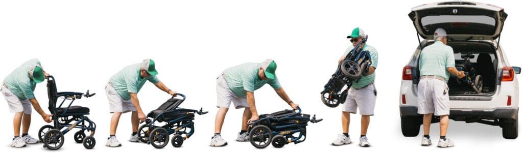 A man in a green hat and light clothing folds the Jazzy Carbon HD Power Wheelchair by Pride Mobility, lifts it, and places it in an SUV trunk, showing its easy collapsibility and effortless transport.