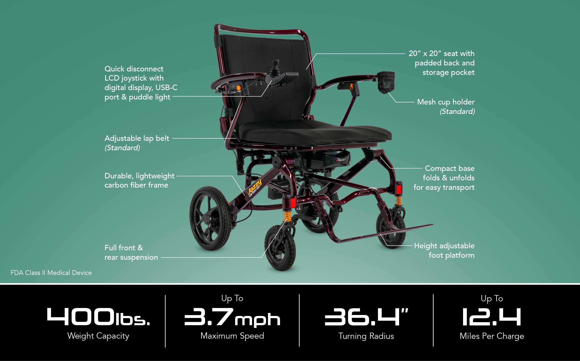 The Jazzy Carbon HD Power Wheelchair by Pride Mobility is lightweight and portable, with a 400 lb weight capacity, 3.7 mph top speed, 36.4" turning radius, up to 12.4 miles per charge, padded seat, adjustable belt, and folding base—ideal for travel.