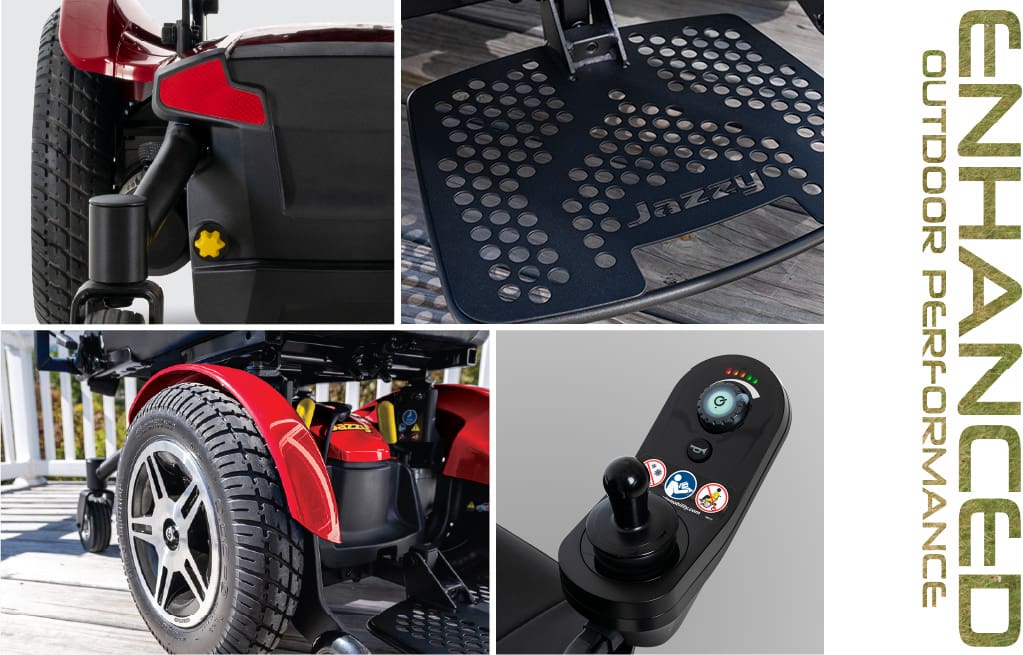 Collage featuring the Jazzy Elite HD - Power Wheelchair by Pride Mobility, with close-ups of wheels, footrest labeled Jazzy, control joystick, and rear suspension. Text: ENHANCED OUTDOOR PERFORMANCE—ideal for travel.