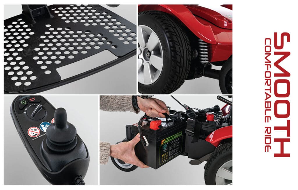 A collage shows the Jazzy Select Power Wheelchair’s footrest, front wheel suspension, joystick control, battery compartment, and a person removing the battery. "SMOOTH COMFORTABLE RIDE" appears vertically on the right.