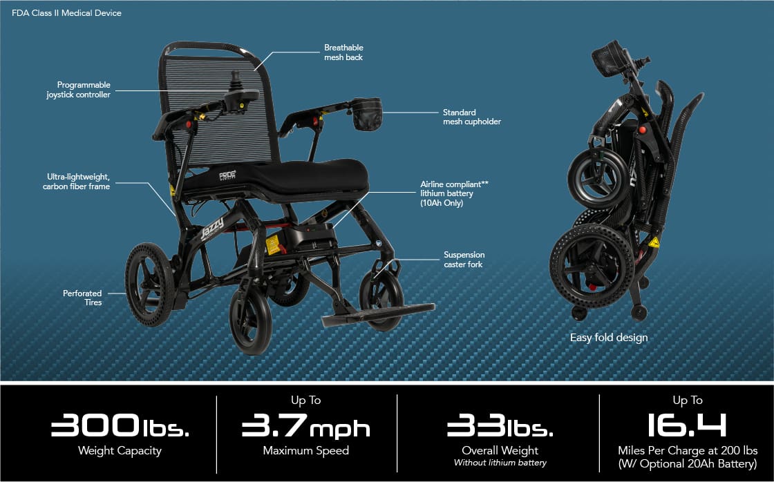 Two views of the Jazzy Ultra Light Power Wheelchair by Pride Mobility show its joystick controller, mesh seat, and cup holder. It features a 300 lb capacity, 3.7 mph speed, 33 lb weight, 16.4-mile range, and easy-fold design for travel or storage.