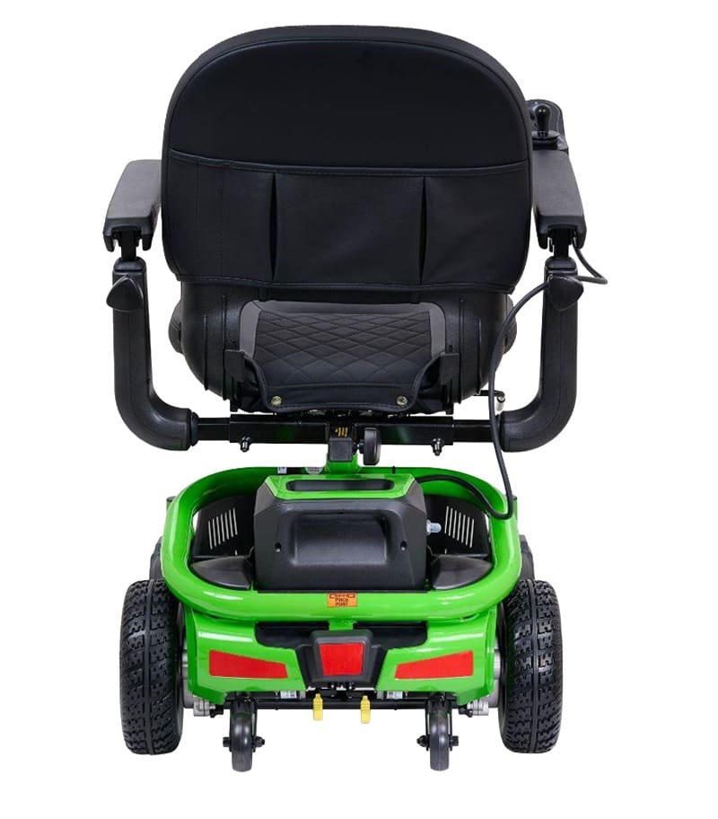Rear view of the LiteRider Envy - Power Wheelchair by Golden in green and black, featuring large tires, padded seat, armrests, small backrest, visible wiring, and controls on the right armrest.
