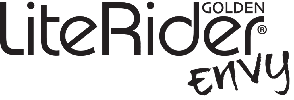 Logo displaying "LiteRider GOLDEN ENVY" in bold, modern font, with "ENVY" in an expressive brushstroke at the bottom right to highlight the sleek design of the LiteRider Envy - Power Wheelchair by Golden.