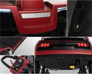 Collage of close-up images featuring the red Maxima 4-Wheel Scooter by Pride Mobility, highlighting the MAHIVA logo, charging port, control panel, rear lights, and detailed views of the suspension and underside components.
