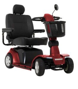 The red and black Maxima 4-Wheel Scooter by Pride Mobility offers a padded seat with armrests, headrest, front basket, and handlebars with mirror for added convenience and support.