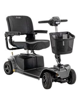 The Revo 2.0 4-Wheel Scooter by Pride Mobility is a black mobility scooter with padded seat, armrests, handlebars, front basket, and the Pride logo on the backrest—ideal for comfortable personal mobility assistance.