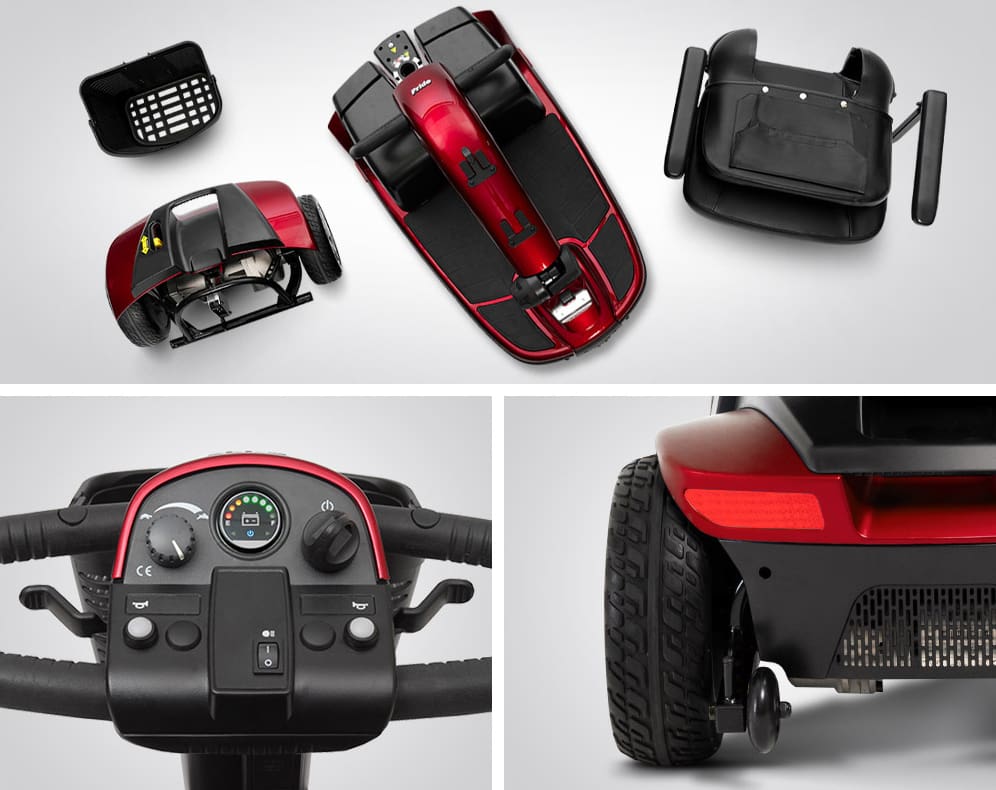 Victory 10 3-Wheel Scooter by Pride Mobility shown disassembled into main parts, with close-ups of the control panel and rear wheel highlighting details like buttons, display, and textured tires on this heavy-duty mobility scooter.