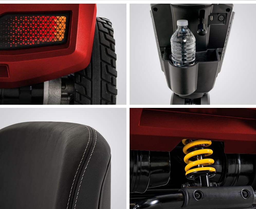 Four close-up images showcase the Zero Turn 10 -Wheel Scooter by Pride Mobility: a solid wheel and rear light, a cup holder with water bottle, a cushioned seat, and a bright yellow suspension spring for comfort.
