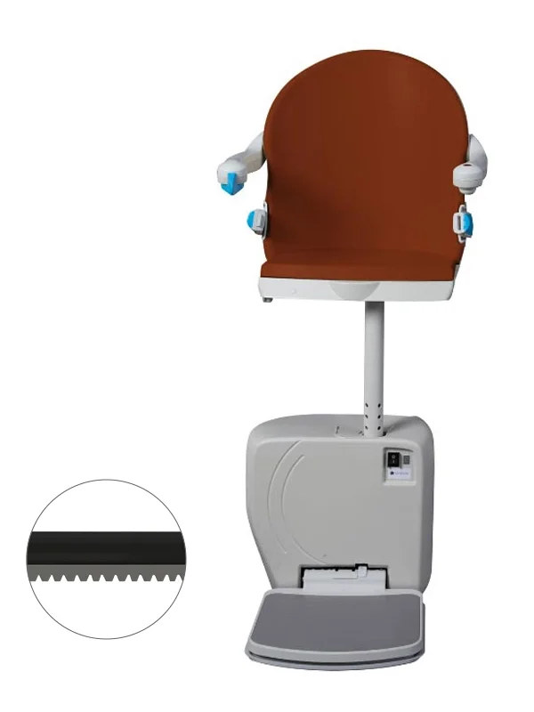A Handicare 4000 Curved Stair Lift by Handicare in brown and white with armrests and a footrest. Inset shows a close-up of the toothed rail, emphasizing this quality home stair lift installation.