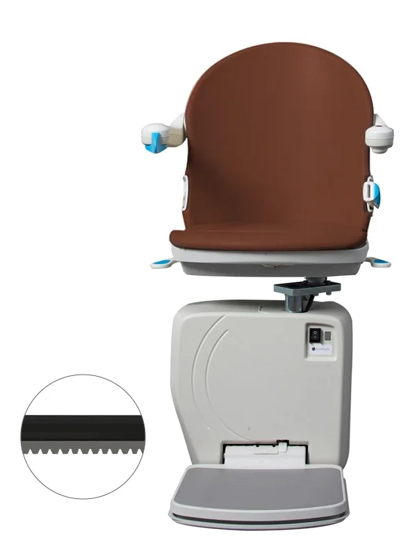 A brown and gray Handicare 4000 Curved Stair Lift by Handicare with armrests and footrest sits on a rail. An inset shows a close-up of the stair lift’s toothed track, emphasizing expert curved stair lift installation.