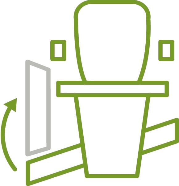 Line drawing of an accessible toilet with a movable support rail, similar in function to the innovative Handicare 1100 Straight Stair Lift by Handicare.