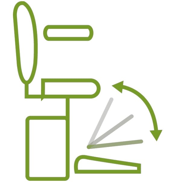 Green line drawing of a chair, resembling the Handicare 1100 Straight Stair Lift by Handicare, highlights an adjustable footrest with arrows showing possible positions. The chair includes a backrest and armrests for comfort.