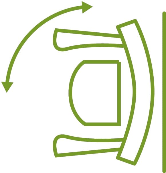 Green line drawing of an office chair’s top view with a curved backrest and seat. Two curved arrows show tilting, similar to the smooth ride you get with a Handicare 1100 Straight Stair Lift by Handicare.