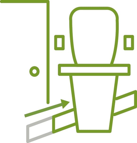 Simplified green and white illustration of an accessible restroom with a toilet, grab bars, and a wide doorway—perfect for spaces featuring the Handicare 1100 Straight Stair Lift by Handicare to boost accessibility.
