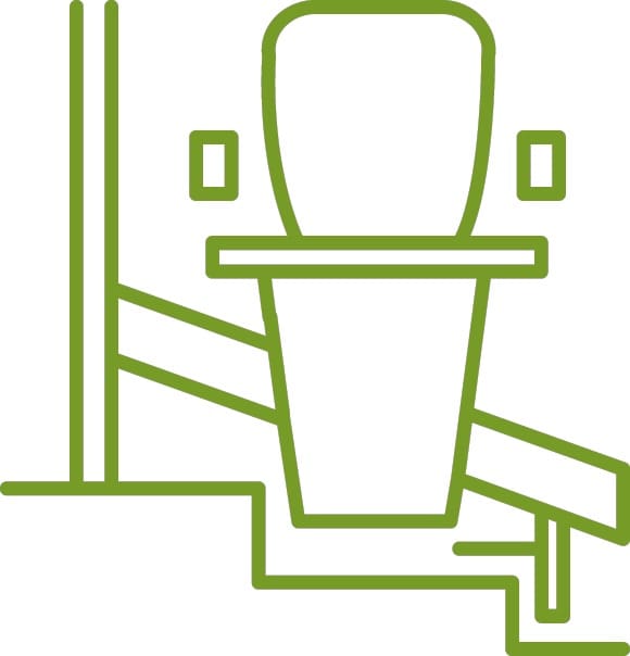 Green outline illustration of the Handicare 1100 Straight Stair Lift by Handicare on a staircase, symbolizing a mobility aid for safe and easy access between floors. Perfect for highlighting stair lift installation solutions.