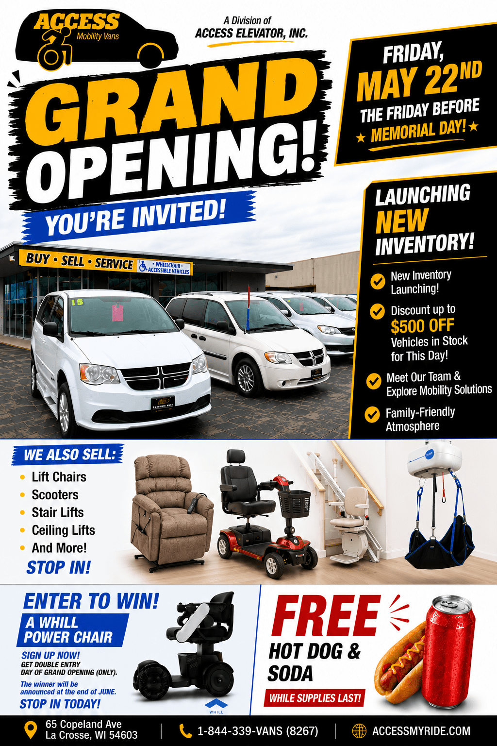 Grand opening flyer for Access Mobility Vans featuring vans, mobility chairs, and a recliner outside a store. Highlights include a free hot dog and soda offer, contests, discounts, and new inventory details.