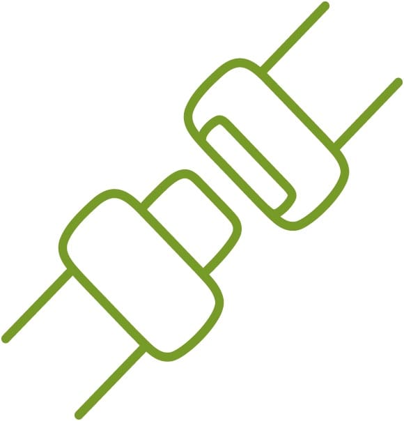 A simple green line drawing of two seat belt parts about to fasten, symbolizing safety—just like the Handicare 4000 Curved Stair Lift by Handicare puts safety first.