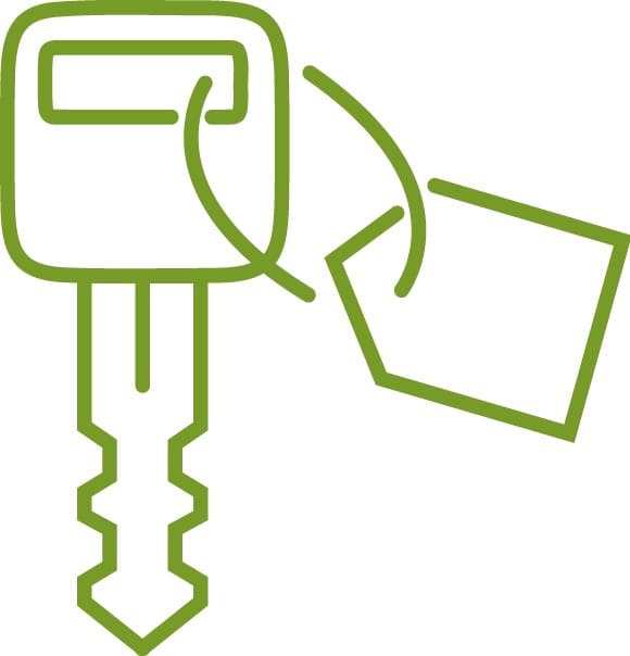A simple green line drawing of a key with a rectangular key tag attached by a loop, evoking the streamlined design of the Stairfriend 23 Curved Stair Lift by Handicare.