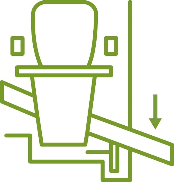 A green line drawing of the Stairfriend 23 Curved Stair Lift by Handicare on stairs, featuring a seat on a rail with a downward arrow, indicating its movement down residential staircases.